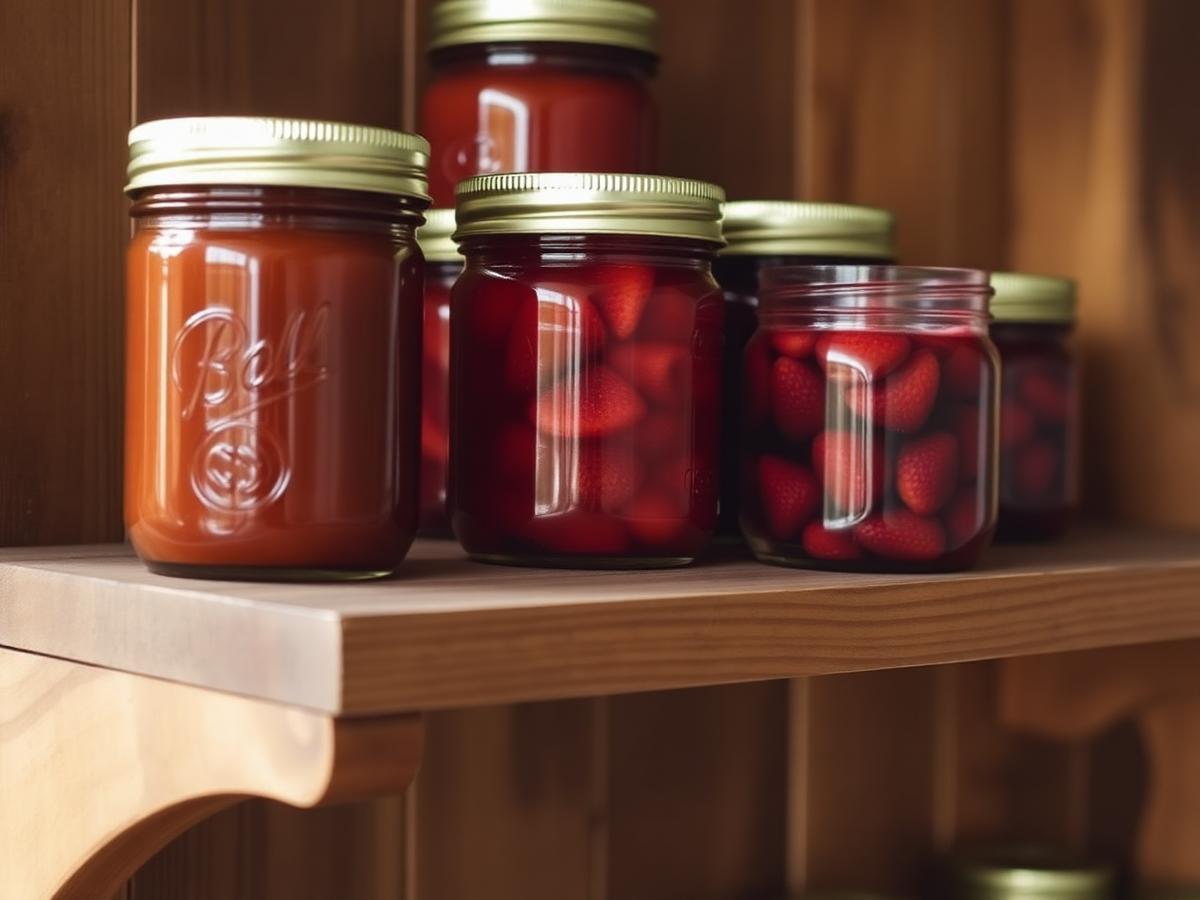 Mason jars of homemade Amish jam on a wooden shelf